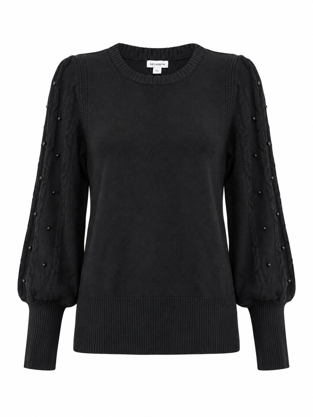 LIZ CLAIBORNE | Minimalist Black Beaded Cable Knit Balloon Sleeve Sweater | XXL